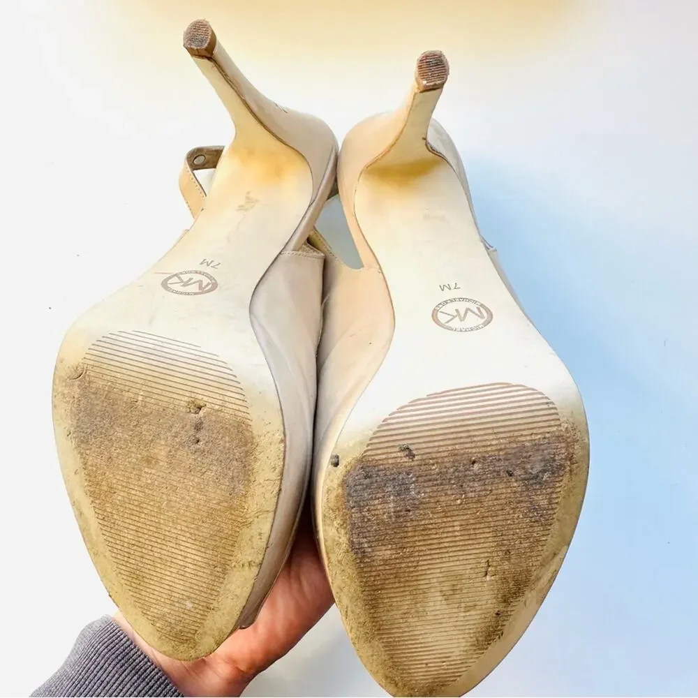 MICHAEL KORS Nude Beige Tan Leather Peep Toe Slingback 5” Heel Pumps Shoes 7 - Picture 8 of 16